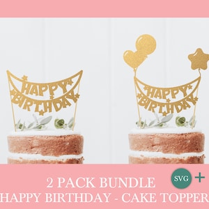 Happy Birthday cake topper svg bundle by Oxee, happy birthday cake topper cut file, laser cut cake topper file, vector cake topper file