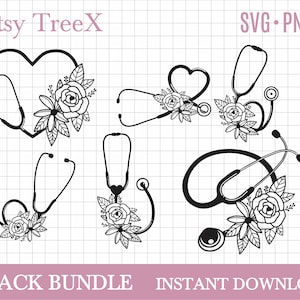 Pacote SVG de estetoscópio da Oxee, pacote de enfermeira desenhado à mão SVG, coração de estetoscópio, estetoscópio floral svg, arquivo de corte cricut, silhueta