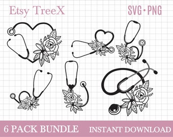 SVG-bundel met bloemenstethoscoop: handgetekende verpleegkundige ontwerpen (digitale download)