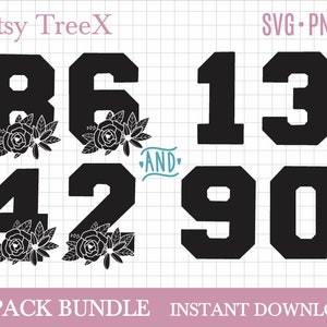 May include: A digital download of 20 black and white SVG and PNG files featuring the numbers 86, 42, 13, and 90 with floral embellishments. The text "Etsy TreeX" and "SVG.PNG" are at the top of the image. The text "20 PACK BUNDLE INSTANT DOWNLOAD" is at the bottom of the image.