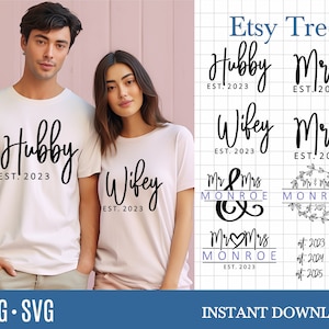 Mr and Mrs svg hand lettered by Oxee, Mr and Mrs split monogram svg, Hubby and Wifey est svg, marriage svg, wedding 2024 svg png
