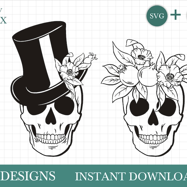 Hand drawn skull SVG with pomegranate wreath, skull with wreath  svg by Oxee, couple sugar skull svg, gentlemen skull svg