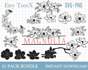 Magnolia SVG bundle, magnolia flower digital file, hand drawn magnolia svg by Oxee, magnolia wreath, magnolia monogram svg