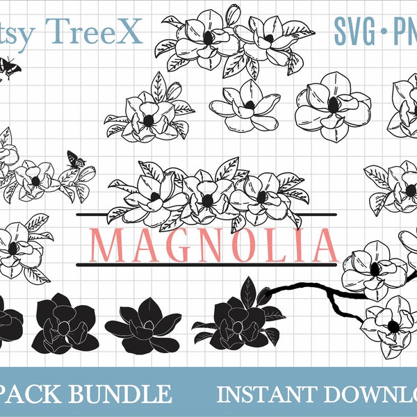 Paquete Magnolia SVG, archivo digital de flor de magnolia, magnolia dibujada a mano svg por Oxee, corona de magnolia, monograma de magnolia svg