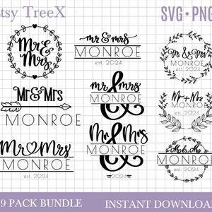 Hand lettered family monogram SVG bundle by Oxee, Mr and Mrs split monogram svg, hand lettered svg, marriage svg, wedding 2024 svg png