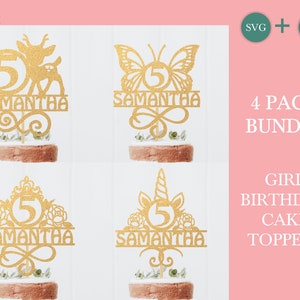 Girl Birthday cake topper svg bundle by Oxee, baby girl birthday cake topper cut file, butterfly cake topper file, vector cake topper bundle