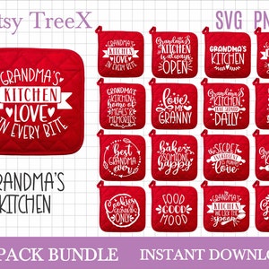 Pode incluir: Um conjunto de 15 pegadores de panela acolchoados vermelhos com texto branco. Os pegadores apresentam vários ditados sobre a cozinha da avó, como "A cozinha da avó, amor em cada mordida" e "A melhor avó de todas".
