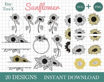 Lot de SVG de tournesol, svg de couronne de tournesol, svg de monogramme de tournesol par Oxee, svg de couronne florale