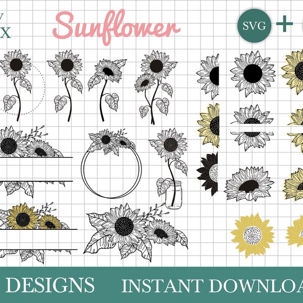 Sunflower SVG bundle, sunflower wreath svg, sunflower monogram svg by Oxee, floral wreath svg