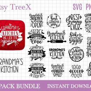 Puede incluir: Un paquete de 15 archivos digitales SVG y PNG con citas sobre el tema de la cocina. Los diseños incluyen frases como "La cocina de la abuela siempre está abierta", "La mejor abuela del mundo" y "Galletas solo para nietos".