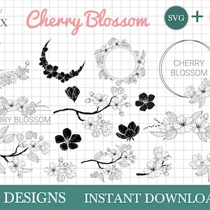 Cherry blossom SVG bundle, cherry blossom digital file, hand drawn flowers svg by Oxee, cherry wreath, cherry blossom monogram svg