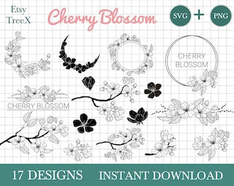 Cherry blossom SVG bundle, cherry blossom digital file, hand drawn flowers svg by Oxee, cherry wreath, cherry blossom monogram svg