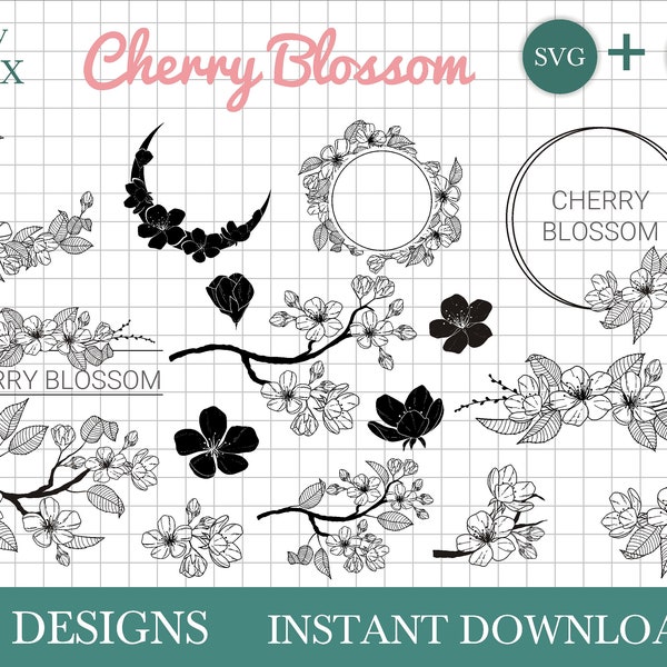 Cherry blossom SVG bundle, cherry blossom digital file, hand drawn flowers svg by Oxee, cherry wreath, cherry blossom monogram svg