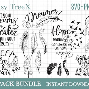 May include: A set of 20 black and white SVG and PNG digital downloads featuring inspirational quotes about dreams, hope, and feathers. The quotes include "Let your dreams be greater than your fears", "Keep calm and dream on", "Hope is the feather that reminds us we have wings", and "Feathers appear when angels are near".