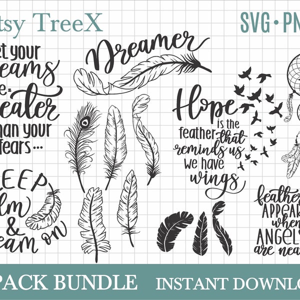 Hand lettered feather bundle SVG, hand drawn dream catcher svg, feather quotes svg by Oxee, boho feather