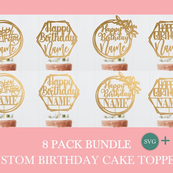Custom name Birthday cake topper svg bundle by Oxee, cake topper cut file, laser cut cake topper file, vector cake topper file