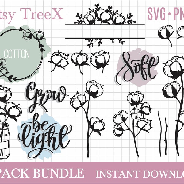 Cotton flower SVG bundle, cotton bulbs cut file, hand drawn cotton svg by Oxee, cotton wreath, cotton monogram svg