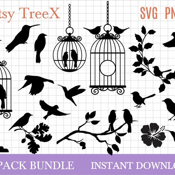 Birds SVG bundle by Oxee, birds silhouette, birds on tree svg, vintage cage with birds, flying birds, hummingbird