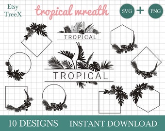 Tropical wreath SVG bundle, hand drawn tropical monogram and flowers svg, cut tropical bundle by Oxee