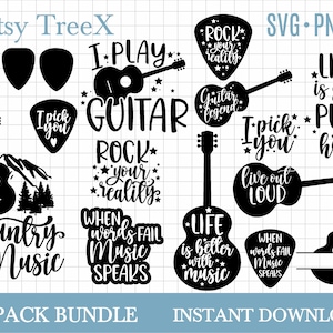 Gitaar SVG bundel door Oxee, gitaarmuziek svg, klassieke gitaar monogram svg, glowforge cut bestand, gitaar silhouet svg, gitaar muzikant citaten