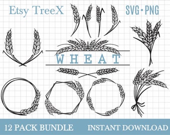Wheat SVG bundle, wheat split monogram, hand drawn wheat svg by Oxee, wheat bunch svg, wheat wreath bundle svg, autumn harvest svg