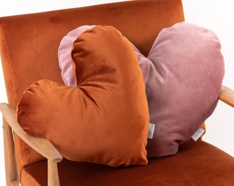 Velvet Heart Pillow | Decorative Throw Pillow | Heart Accent Pillow | Velvet Heart Cushion | Heart Cushion | Rose | Red | Orange