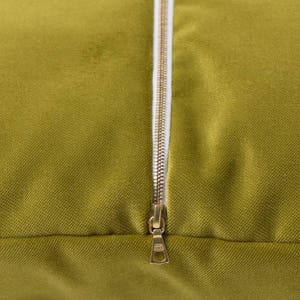 May include: A close-up of a green velvet pillow with a gold zipper. The zipper is open and the fabric is soft and plush.