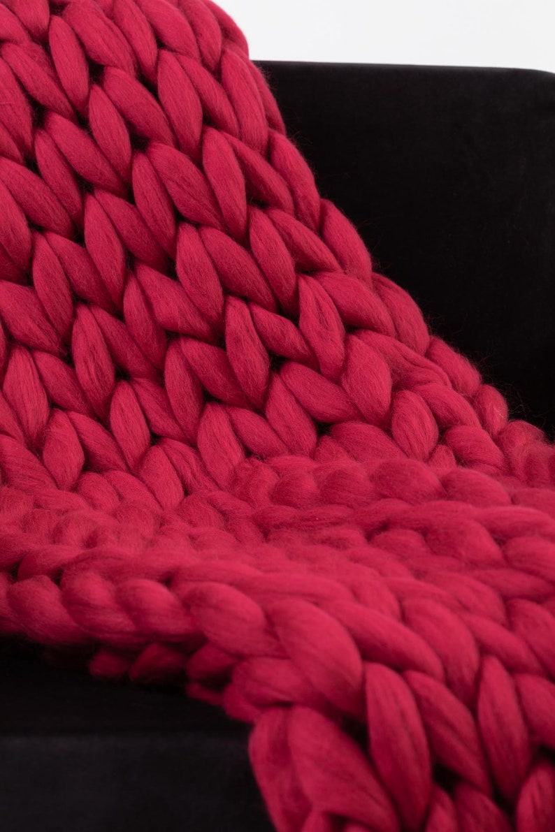 Chunky Knitted Blanket . Raspberry Red Chunky Knit Blanket Etsy