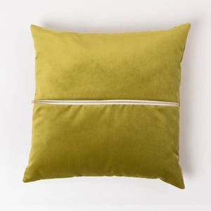 May include: A green velvet pillow with a zipper closure. The pillow is a solid color and has a subtle sheen.