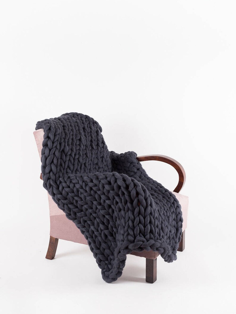 Chunky Knitted Blanket . Grey Chunky Knit Blanket Merino Etsy