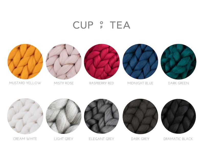 May include: Ten color swatches of yarn in various shades of yellow, pink, red, blue, green, white, gray, and black. The yarn is chunky and has a textured appearance. The colors are labeled with their names: Mustard Yellow, Misty Rose, Raspberry Red, Midnight Blue, Dark Green, Cream White, Light Grey, Elegant Grey, Dark Grey, and Dramatic Black.