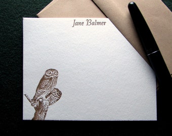 Custom Letterpress Stationery - 15 Personalized Notecards - Back to Nature Series - Owls