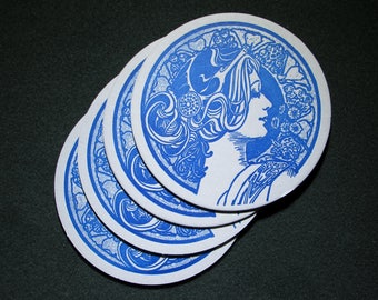 20 Letterpress coasters, Art Nouveau, Woman Portrait