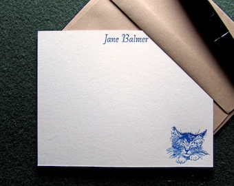 Custom Letterpress Stationery - 15 Personalized Notecards - Sleeping Kitten