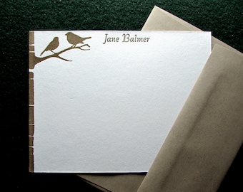 Custom Letterpress Stationery - 15 Personalized Notecards - Back to Nature Series - Birch Tree - Birds