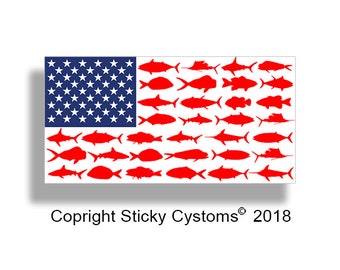 USA Fish American Flag Sticker Cup Cooler Laptop Boat Fishing Boating Car Vehicle Window Bumper Vinyl Decal Graphic