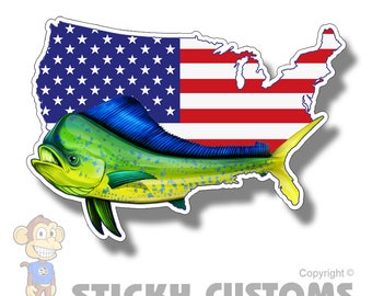 Mahi Mahi Dolphin USA Flag Sticker Printed Digital Vinyl Decal Fishing Car Truck Boat Patriotic American America Laptop US