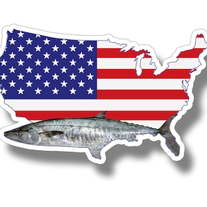 king Mackerel USA Flag Sticker Printed Digital Vinyl Decal Fishing Car Truck Boat Patriotic American America Laptop US Reel