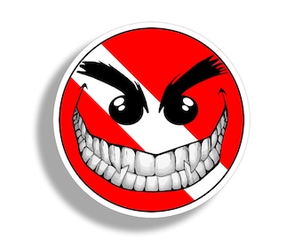 Evil Smiley Happy Face Scuba Dive Sticker Die Cut vinilo calcomanía con la cara de la bandera para el tanque, bolsa de engranajes, vidrio posterior gráfico Diver Car Truck Boat