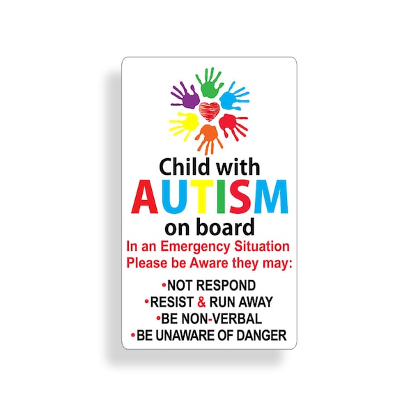 Child with Autism on Board Sticker Car Truck Window Vehicle Emergency Safety Alert First Aid Safe