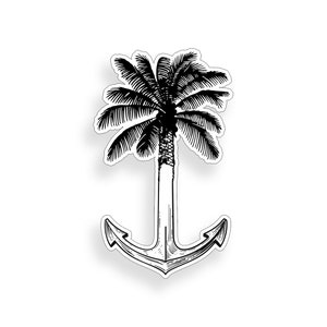 May include: Black and white illustration of a palm tree with an anchor underneath. The palm tree is stylized and the anchor is detailed.