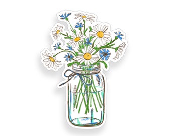 Daisy flowers in jar Sticker Full Color Sun Vinyl Decal Cup Laptop Car Window Back Glass Bumper Graphic