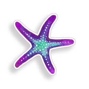 May include: A purple and blue watercolor starfish with white dots. The starfish is a sticker with a white outline.