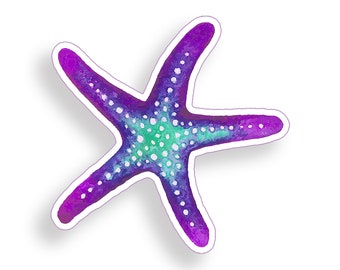Puede incluir: Una estrella de mar de acuarela púrpura y azul con puntos blancos. La estrella de mar es una pegatina con un contorno blanco.