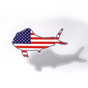 Mahi Fish Sticker USA American Flag  Saltwater Ocean Cup cooler Laptop tablet Decal Fishing Car Boat Vehicle Window Bumper Decal Graphic