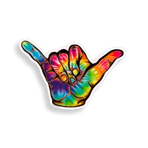 May include: A colorful tie-dye hand making the shaka sign, a popular Hawaiian gesture of peace, aloha, and good vibes.