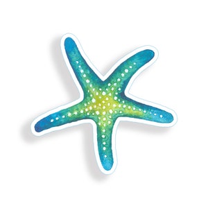 May include: A watercolor starfish sticker with a white border. The starfish has five arms, with a gradient of colors from blue to green to yellow. Small white dots are scattered across the starfish.