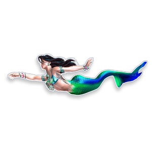 May include: A sticker featuring a mermaid with long black hair, wearing a teal bikini top and jewelry. Her tail transitions from green to blue. The mermaid is swimming horizontally with her arms outstretched.