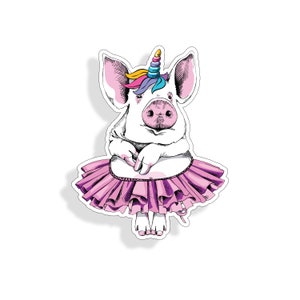 May include: A pink pig wearing a pink tutu and a rainbow unicorn horn. The pig is standing on its hind legs with its front legs crossed.