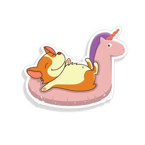 May include: A cartoon corgi dog wearing a happy expression is laying on a pink unicorn pool float. The float has a purple mane and a single orange horn.
